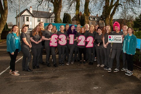 Group of student holding total amount of money raised for charity