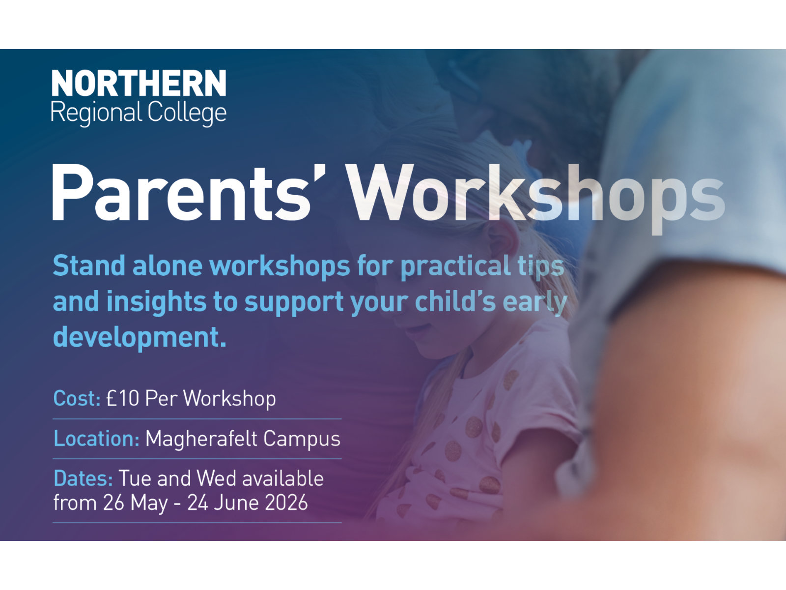 Parents' Workshops information superimposed on an image of a family.