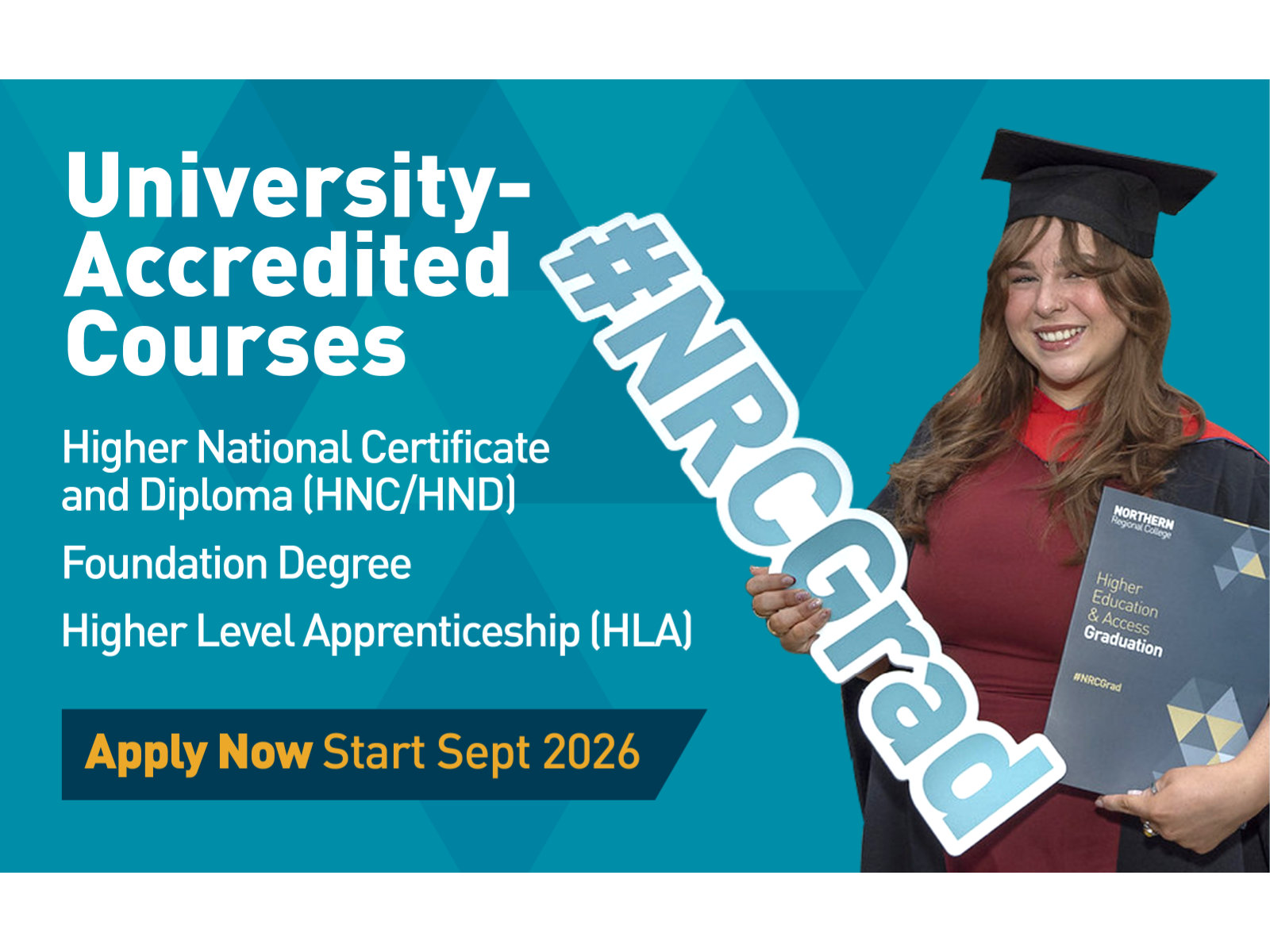 Female in graduation clothing to the right of text displaying University Accredited Courses, Apply Now, Start September 2026