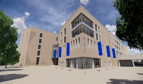 Eye level view of the entrance plaza of the new build at Farm Lodge, Ballymena.